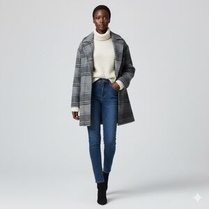 ASTR the Label Plaid Multi Tonal tartan Coat Grey Blue Patterned Mid-Length Sm
